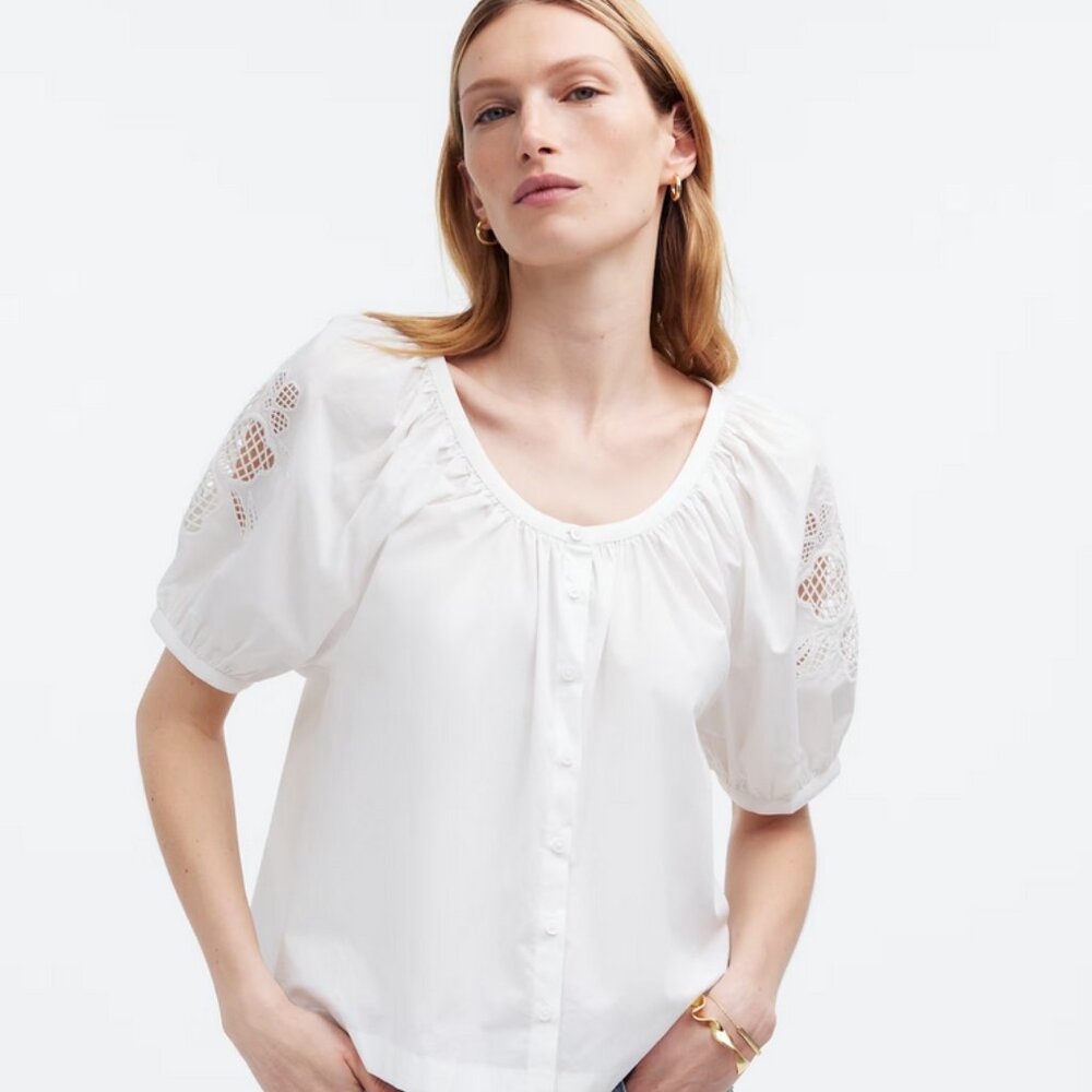 Madewell Embroidered Puff-Sleeve A-Line Top in Poplin Size M